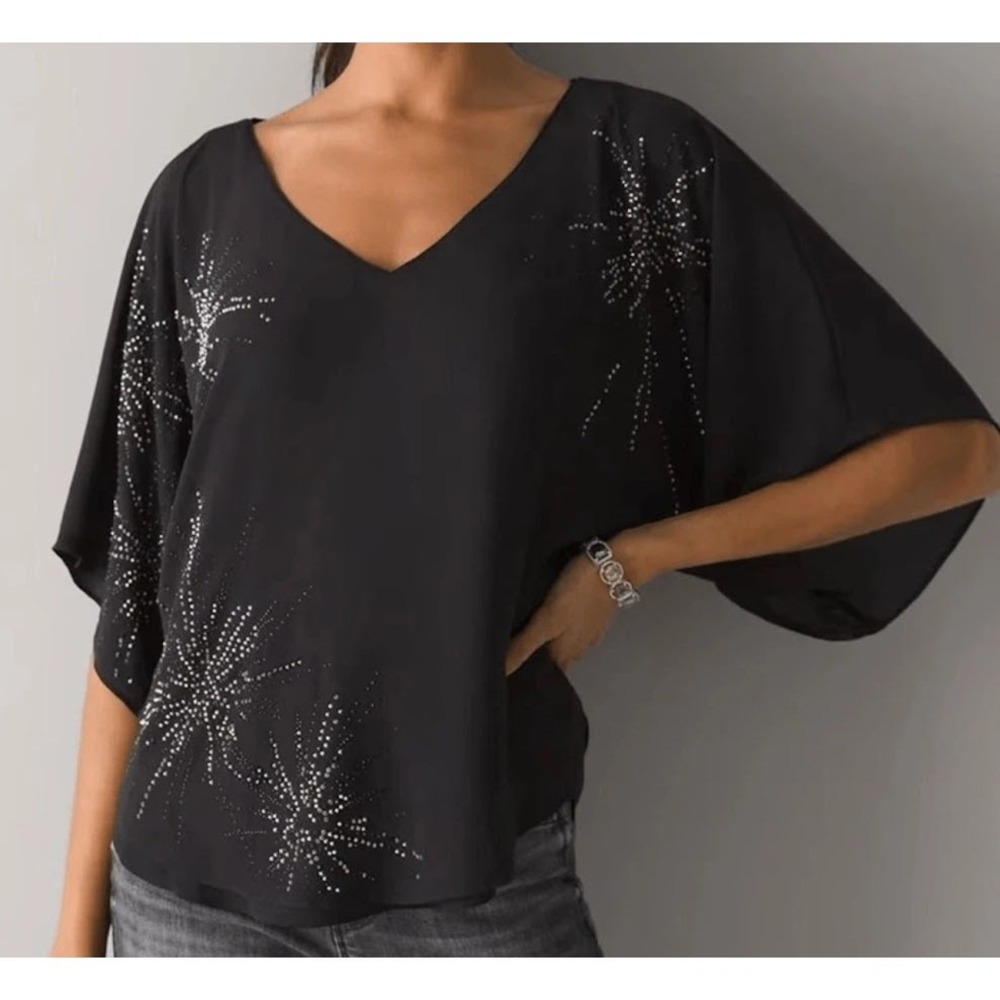 White House Black Market Blouse Womens S Black Excellent Rhinestone Starburst